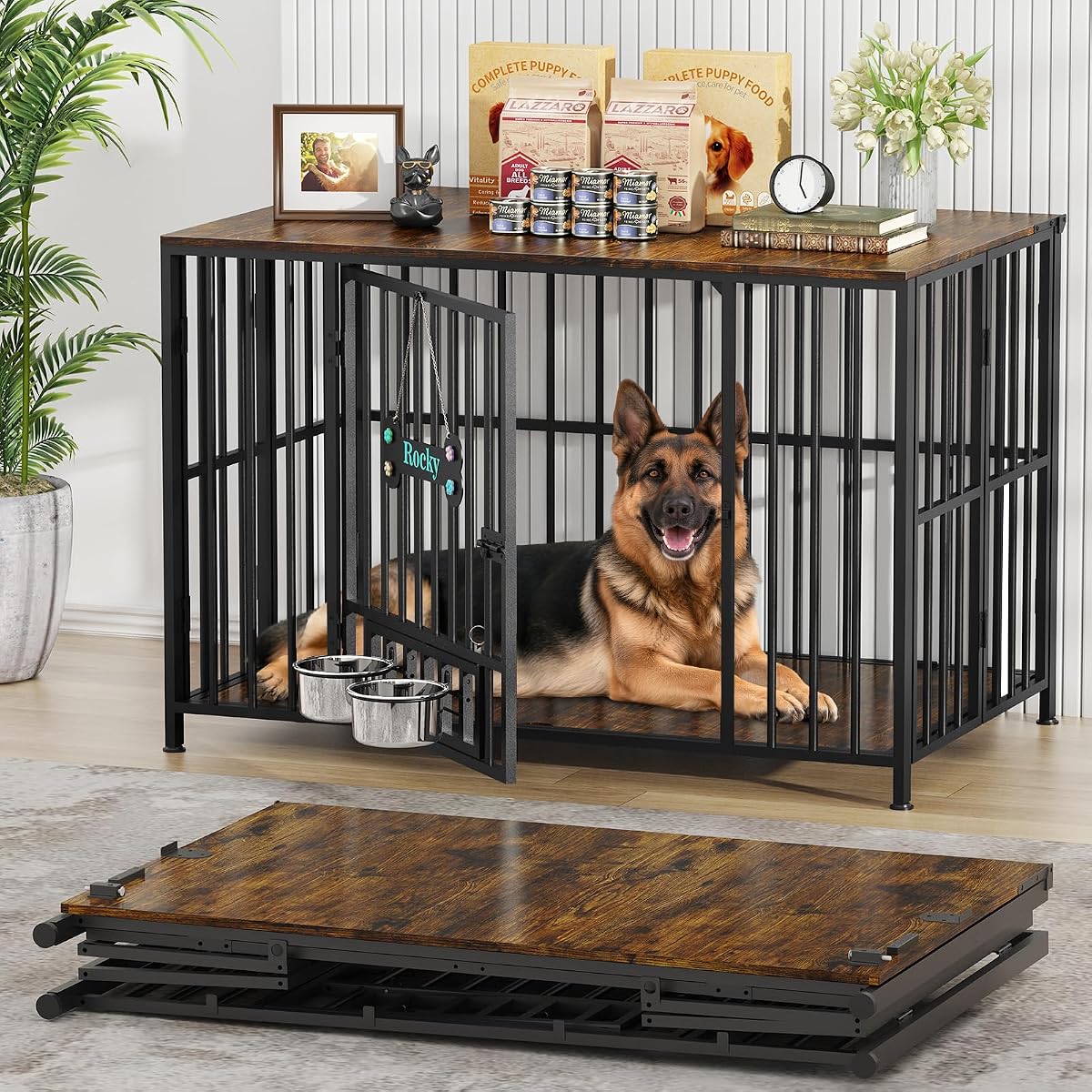 43" Foldable Dog Crate Furniture for Large Dogs, Brown（DC108）