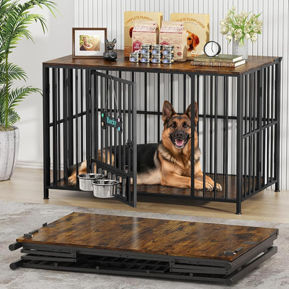 43" Foldable Dog Crate Furniture for Large Dogs, Brown（DC108）