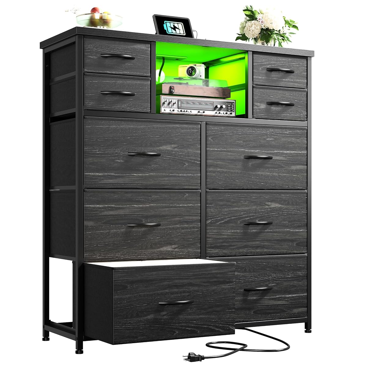 10-Drawer Tall Dresser for Bedroom, LED & Charging Station, Black