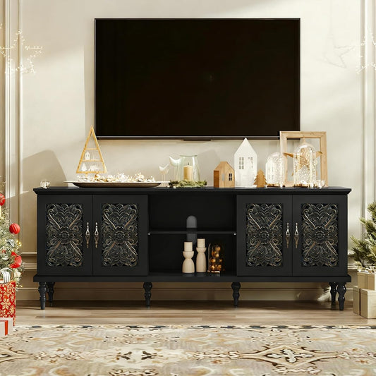 67'' Vintage TV Stand with Hollow Carved Doors and Adjustable Shelves