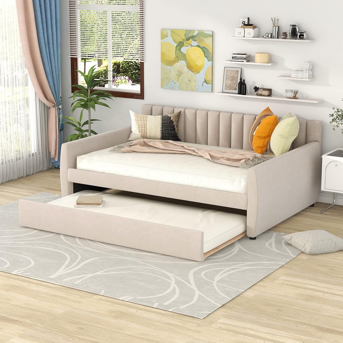 Full Size Daybed with Trundle, Upholstered Day Bed Frame Velvet Sofa Beds with Vertical Channel Tufted Headboard for Living Room, Bedroom, Beige