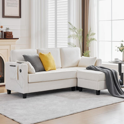 Small Sectional Couches with Storage, 80" L Shaped Sectional Couch with Chaise & Ottoman, Modular Corduroy Chenille Sofa with USB Ports&Pocket for Living Room Apartment Office (Chenille White)