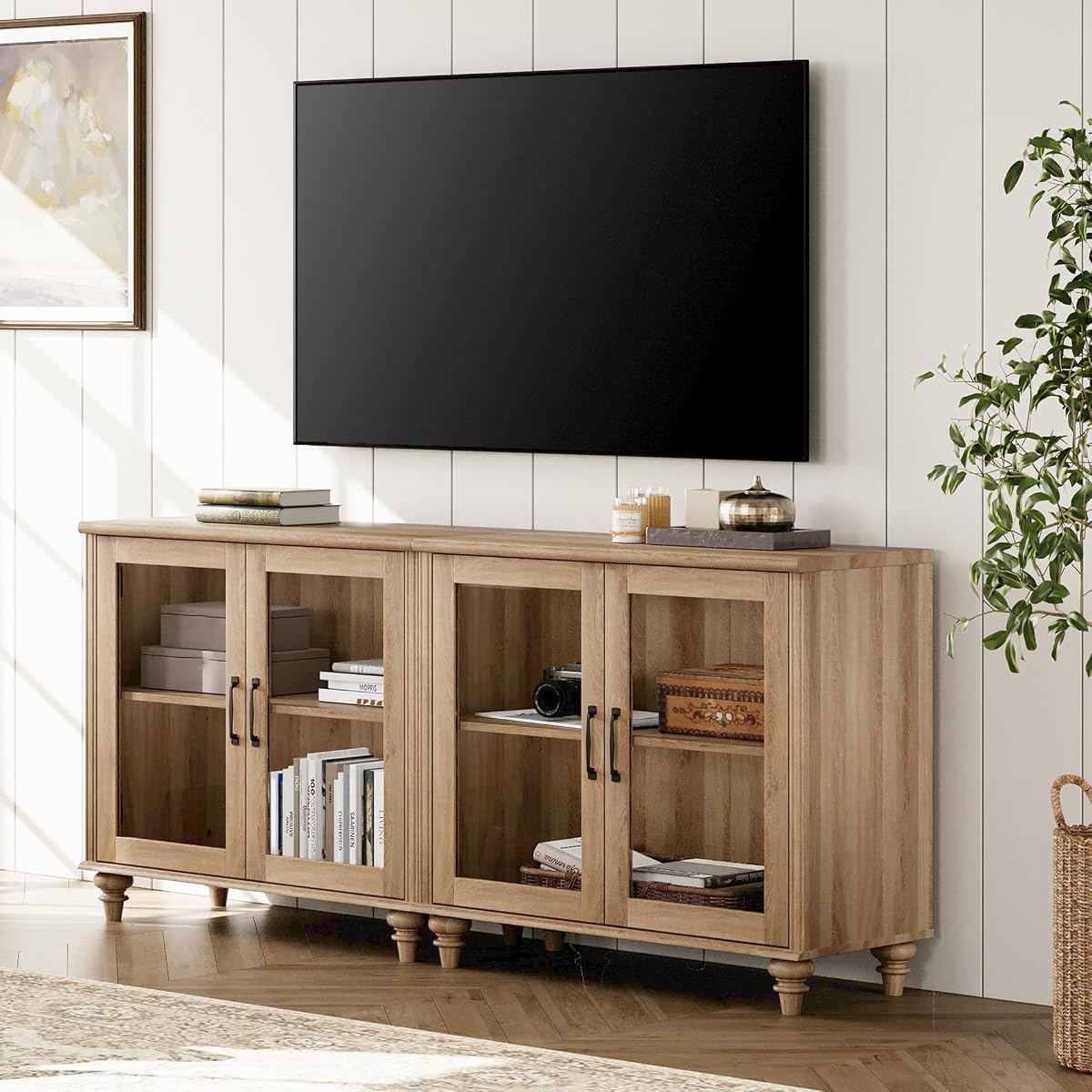 Farmhouse TV Stand for 75 inch TV with 4 Glass Doors, Wood Universal TV Stand with 4 Storage Cabinets, Oak Entertainment Center TV Console Table for Living Room, Bedroom