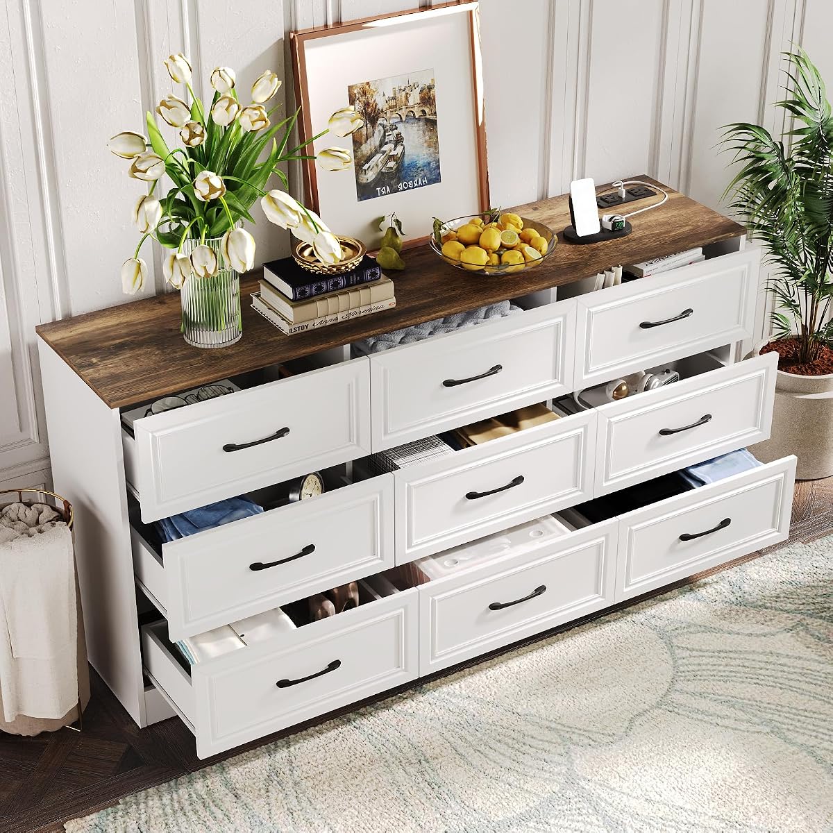 Dresser for Bedroom, 9 Drawer Wide Dresser Organizer with Charging Station