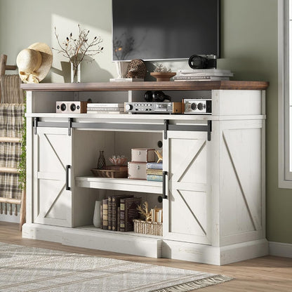 66" W Farmhouse TV Stand, Entertainment Center with Storage, White