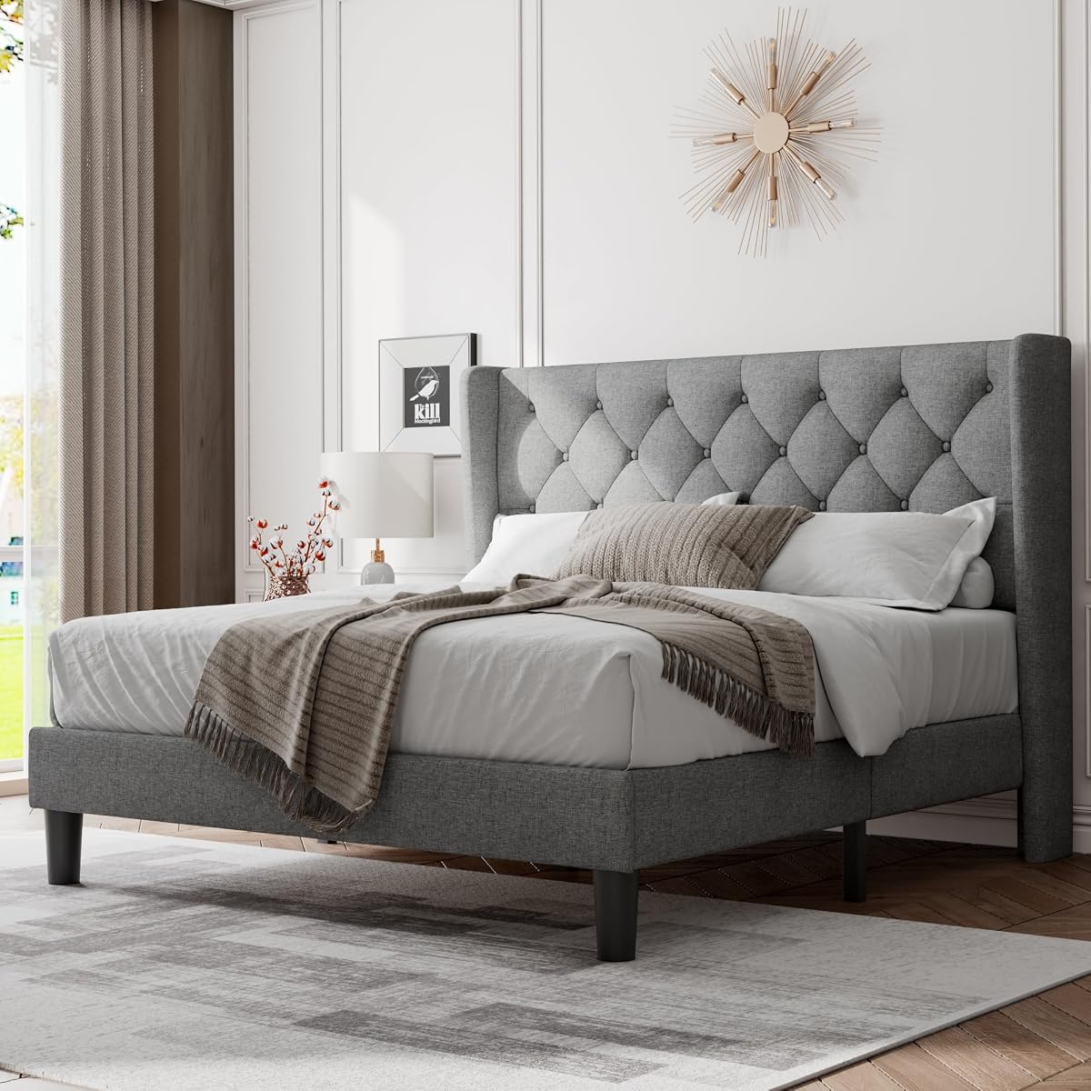 Queen Bed Frame with Upholstered Wingback Headboard