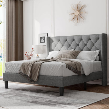Queen Bed Frame with Upholstered Wingback Headboard