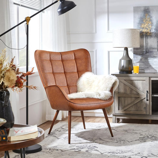 Yaheetech Accent Chairs, Large PU Leather High-Back Chair w/Metal Legs, Pottery Barn Style Living Room Chairs for Bedroom/Home Office, Camel