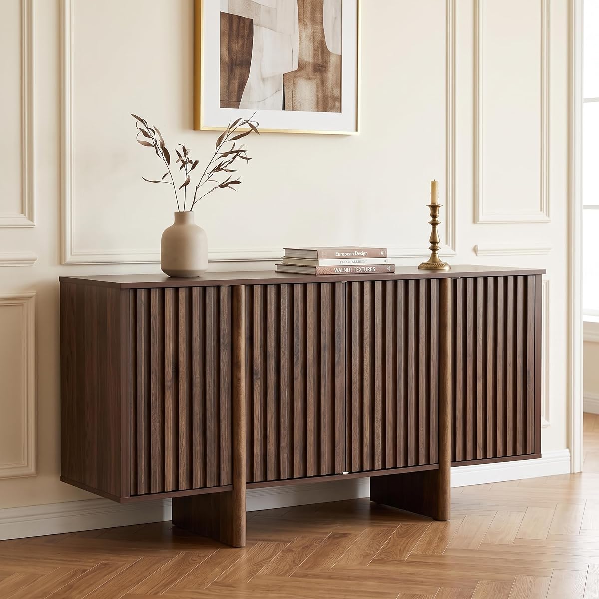 Walnut Wooden Buffet Cabinet with Storage, 64" Large Sideboard Cabinet