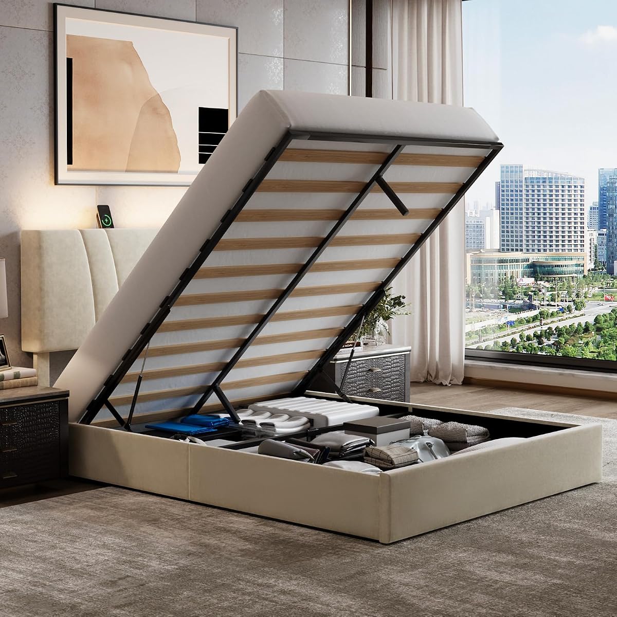 Queen Lift Up Storage Bed Frame/Charging Station/LED Light, White
