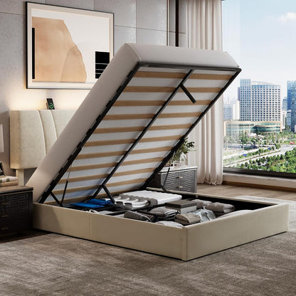Queen Lift Up Storage Bed Frame/Charging Station/LED Light, White