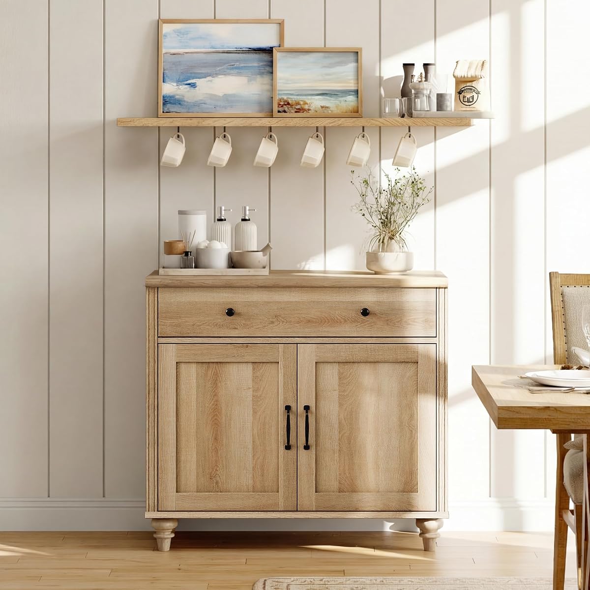 34’‘ Oak Buffet Cabinet with Doors and Drawer, Wood Kitchen Storage Cabinet Modern Farmhouse Coffee Bar Table Sideboard Credenza for Dining Room