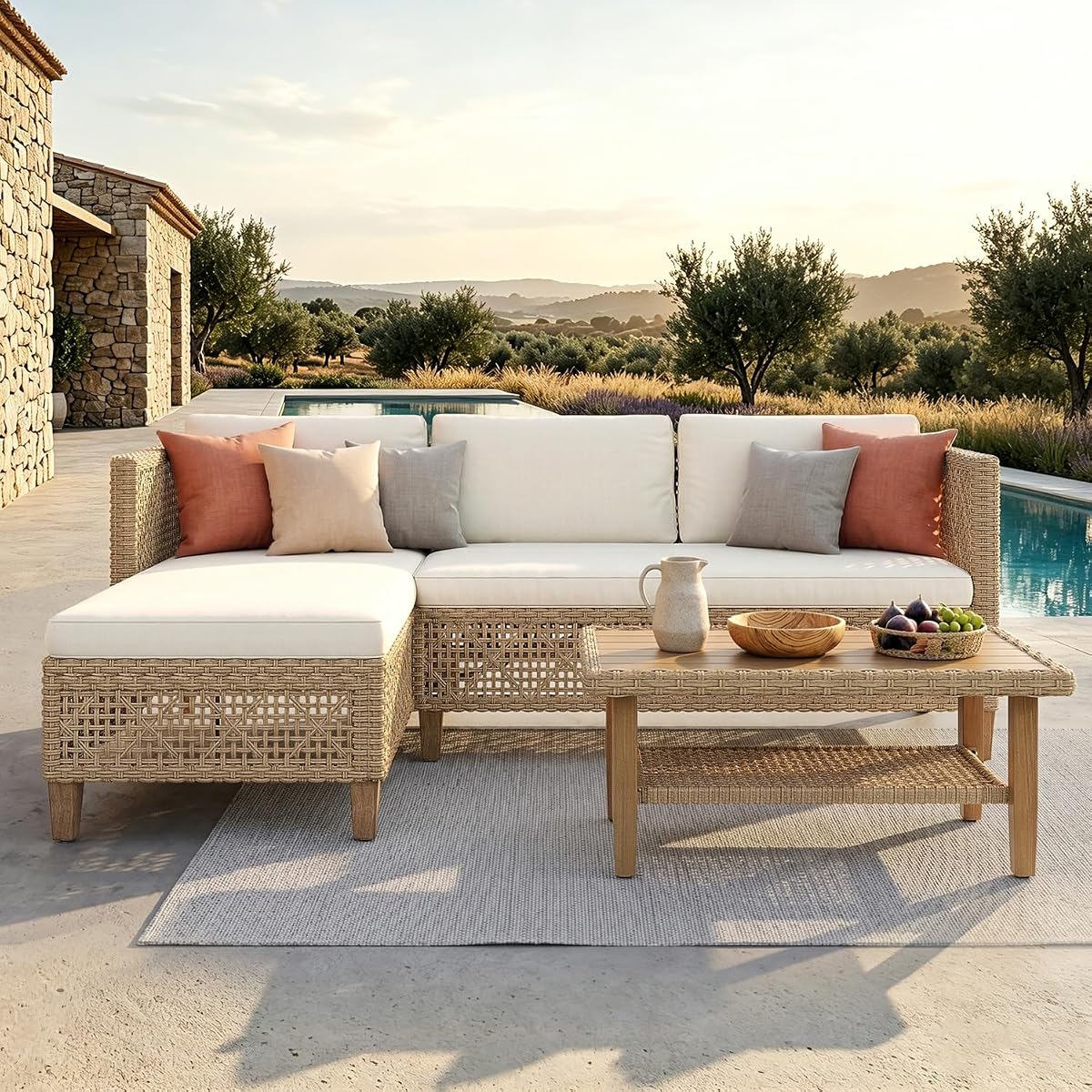 Outdoor Rattan Sofa Set with Thick Cushions & Coffee Table, Weather-Resistant Patio Furniture Set Sectional Couch for Patio Backyard Deck(Beige)