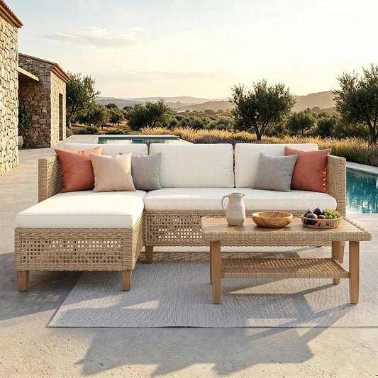 Outdoor Rattan Sofa Set with Thick Cushions & Coffee Table, Weather-Resistant Patio Furniture Set Sectional Couch for Patio Backyard Deck(Beige)