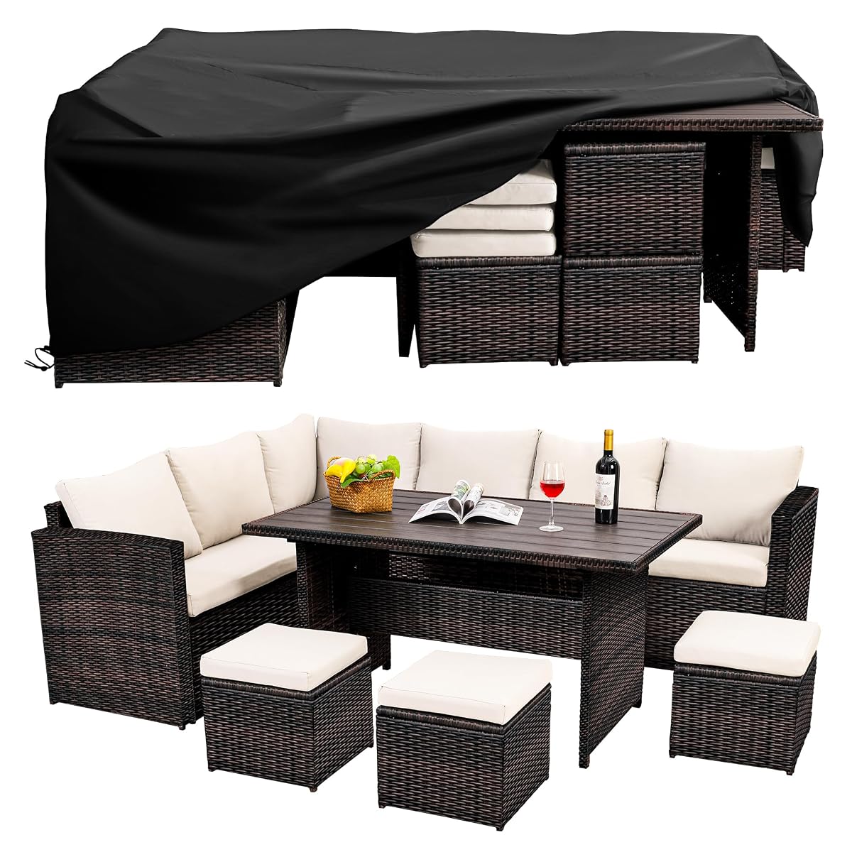 Wumiokio Patio Furniture Set, 7 Pieces Outdoor Patio Furniture with Dining Table&Chair, All Weather Wicker Conversation Set with Ottoman,Brown Rattan & Ivory Cushions (Include Sofa Dust Cover)