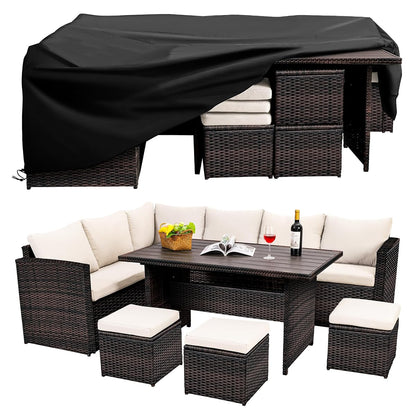 Wumiokio Patio Furniture Set, 7 Pieces Outdoor Patio Furniture with Dining Table&Chair, All Weather Wicker Conversation Set with Ottoman,Brown Rattan & Ivory Cushions (Include Sofa Dust Cover)