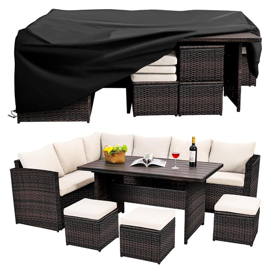 Wumiokio Patio Furniture Set, 7 Pieces Outdoor Patio Furniture with Dining Table&Chair, All Weather Wicker Conversation Set with Ottoman,Brown Rattan & Ivory Cushions (Include Sofa Dust Cover)