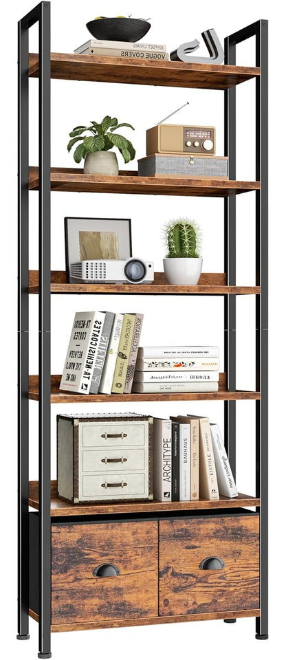 6-Tier Bookshelf, Tall 71" Rustic Bookcase with 2 Drawers Storage Organizer, Industrial Display Free Standing Shelf Units, Wood and Metal Storage Rack for Home Office, Bedroom, Rustic Brown | Bookcase