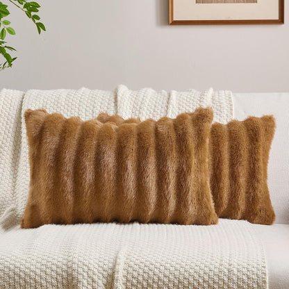 Pack of 2 Faux Mink Fur Throw Pillow Covers 12x20 Inch Soft Fluffy Dyeing Striped Textured Farmhouse Decorative Lumbar Pillowcases Modern Home Decor for Couch Bed Living Room, Camel