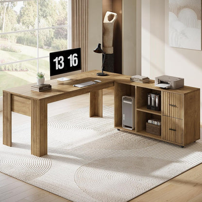 63" L Shaped Executive Desk with Mobile File Cabinet, Brown