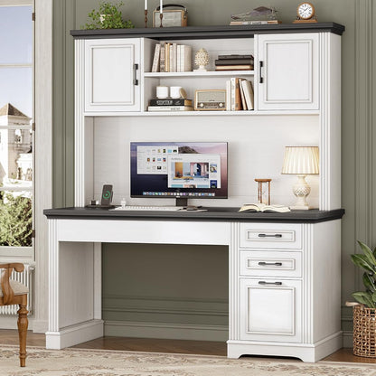 Farmhouse Computer Desk with Hutch and 3 Drawers, 47.2" Executive Office Desk with Storage Drawers, Wood Desk with Power Outlet for Home Office, White