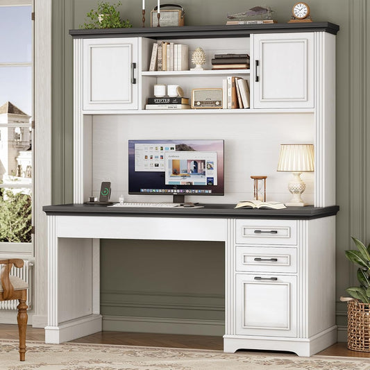 Farmhouse Computer Desk with Hutch and 3 Drawers, 47.2" Executive Office Desk with Storage Drawers, Wood Desk with Power Outlet for Home Office, White
