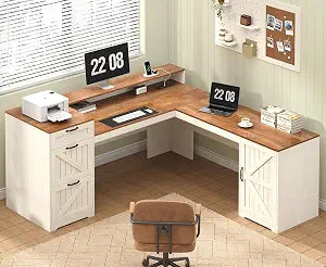 Farmhouse L Shaped Desk with Drawers and Storage Shelves, view 2