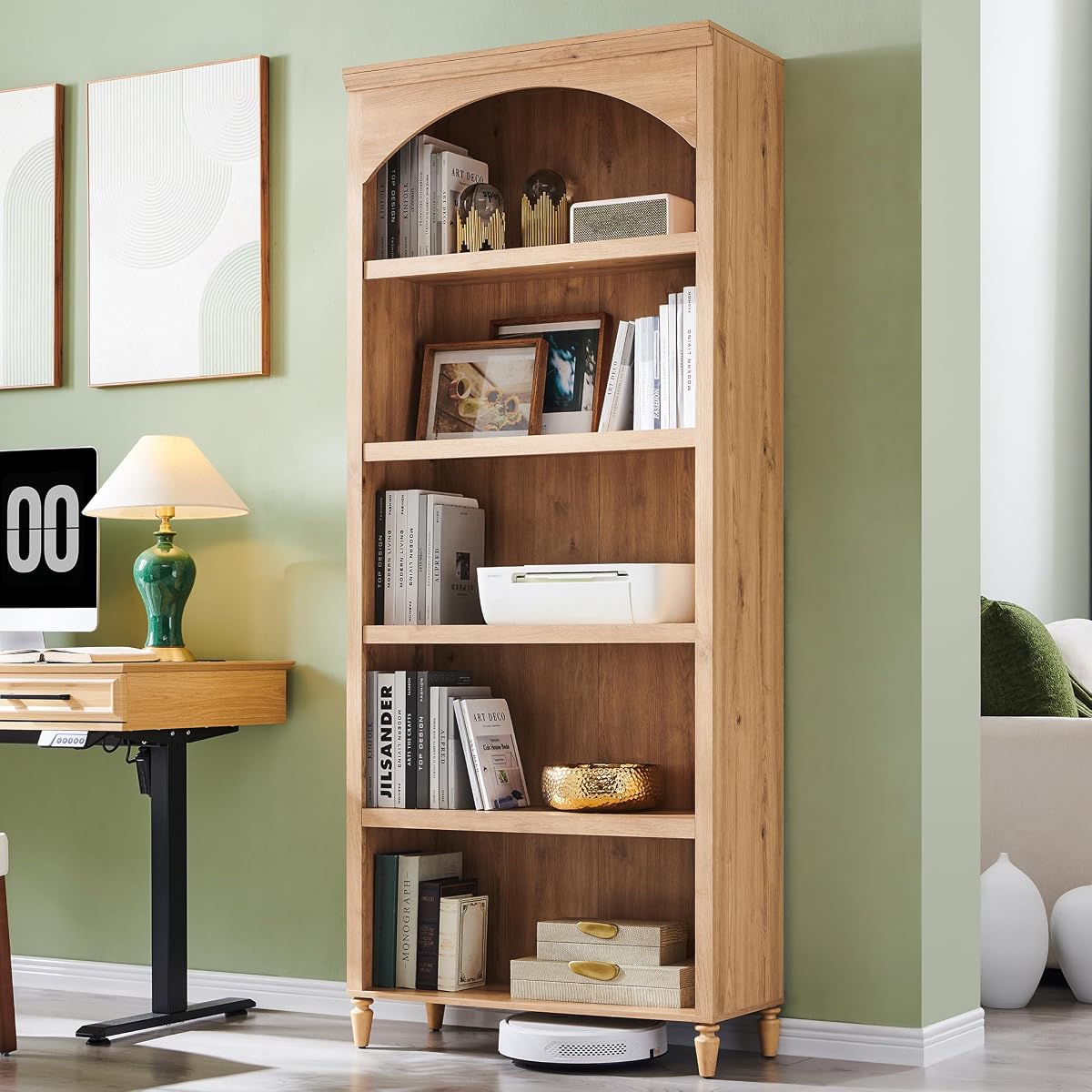 76" Tall Arched Bookcase, Farmhouse Large Arched Bookshelf, Natural