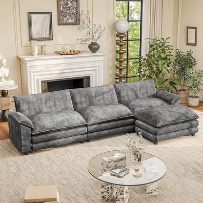 119" Modular Couch 3-Seat Sofa with Reversible Ottoman, Cloud Couch L Shaped Sofa with Deep Seat, Chenille Sectional Couches for Living Room