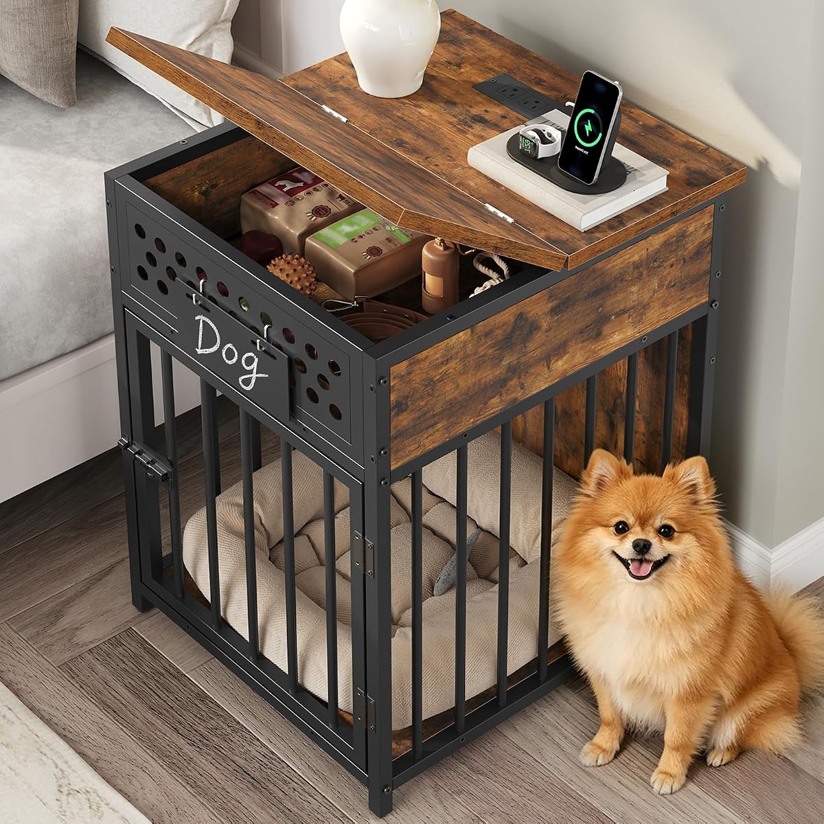Dog Crate Furniture with Charging Station for Small Dogs