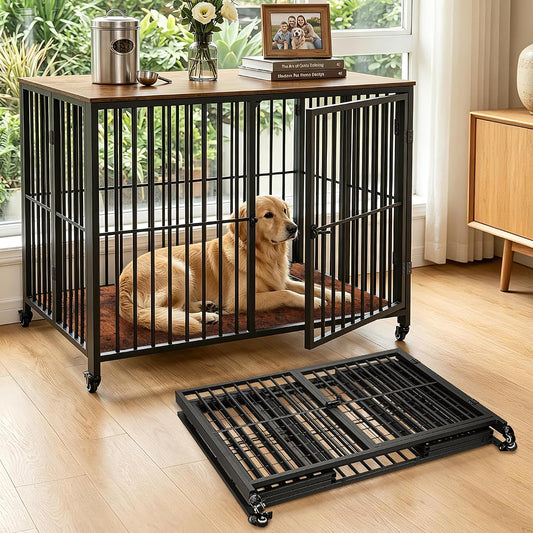 42.3" Large Dog Crate Furniture Foldable, Heavy Duty Dog Kennel Indoor