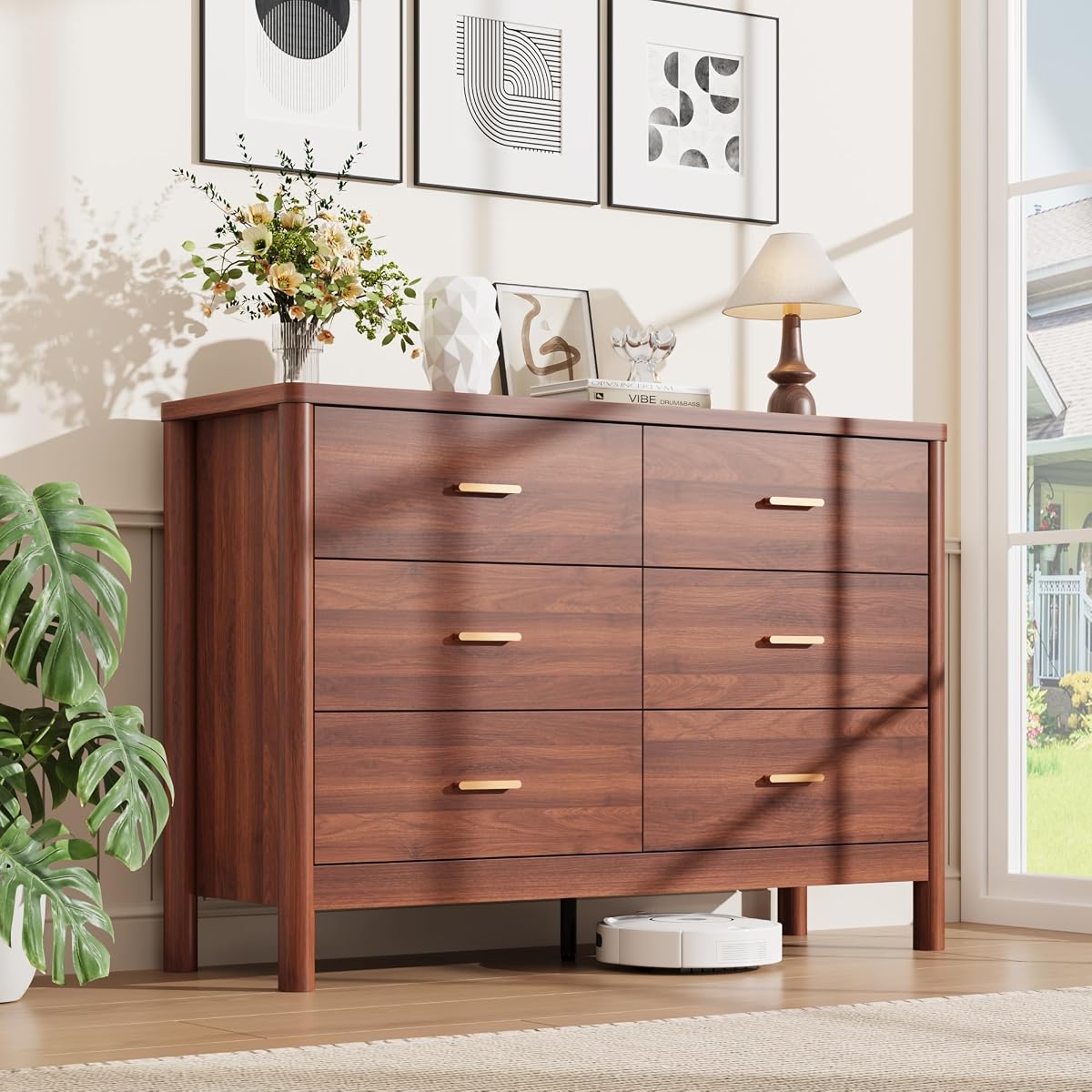 6 Drawer Dresser, Modern Wooden Storage Chest of Drawers, Walnut