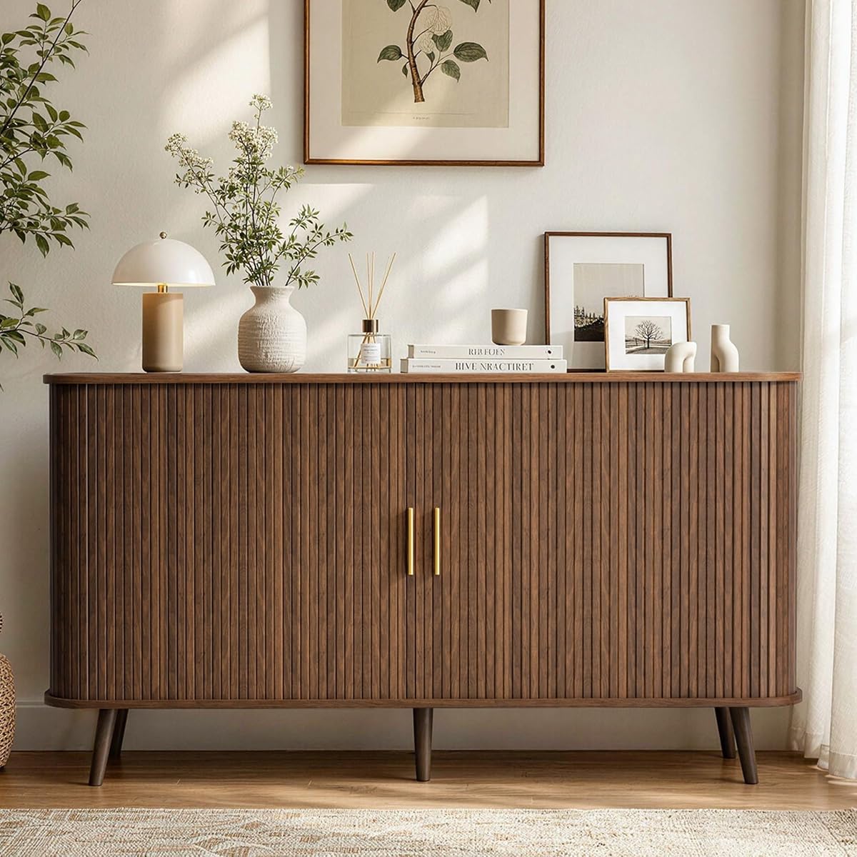 55" Sideboard Buffet Cabinet with Storage & Sliding Door, Walnut