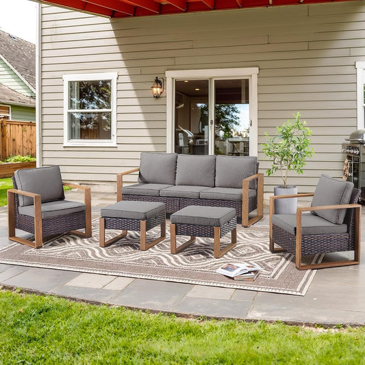 5 Piece Outdoor Wicker Patio Conversation Furniture Set Deep Seating, Metal Wide Armrests Patio Sofa Set with Rattan Chairs Ottomans for Porch Deck Sunroom Backyard