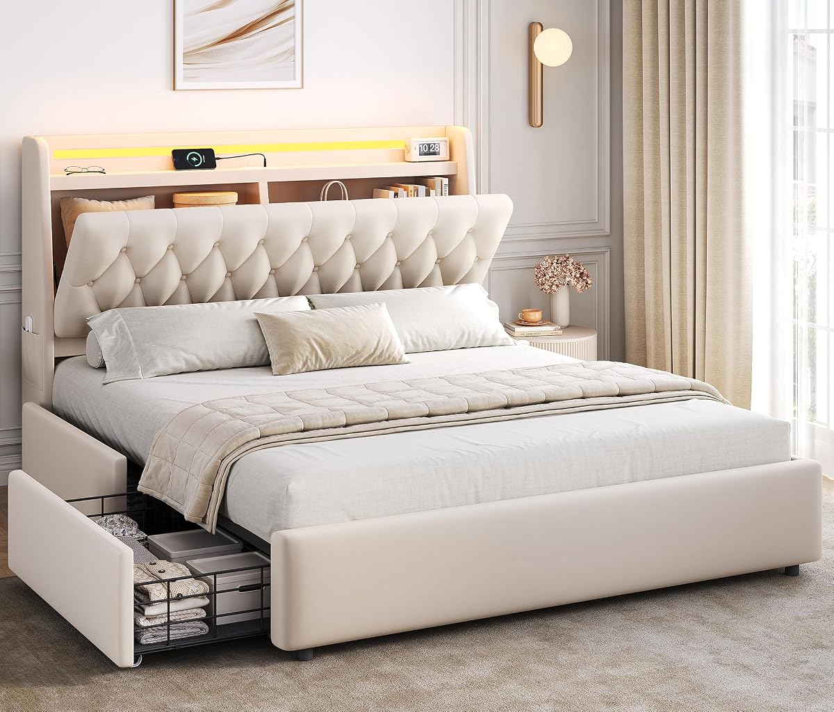 Queen LED Velvet Bed Frame with 2 Storage Drawers&Hidden Headboard