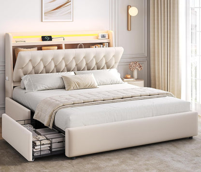 Queen LED Velvet Bed Frame with 2 Storage Drawers&Hidden Headboard