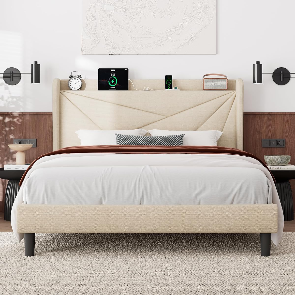 Queen Size Bed Frame with Charging Station