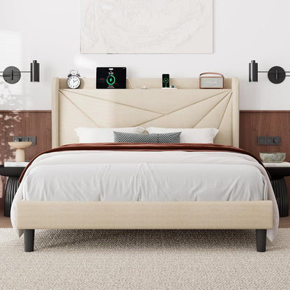 Queen Size Bed Frame with Charging Station