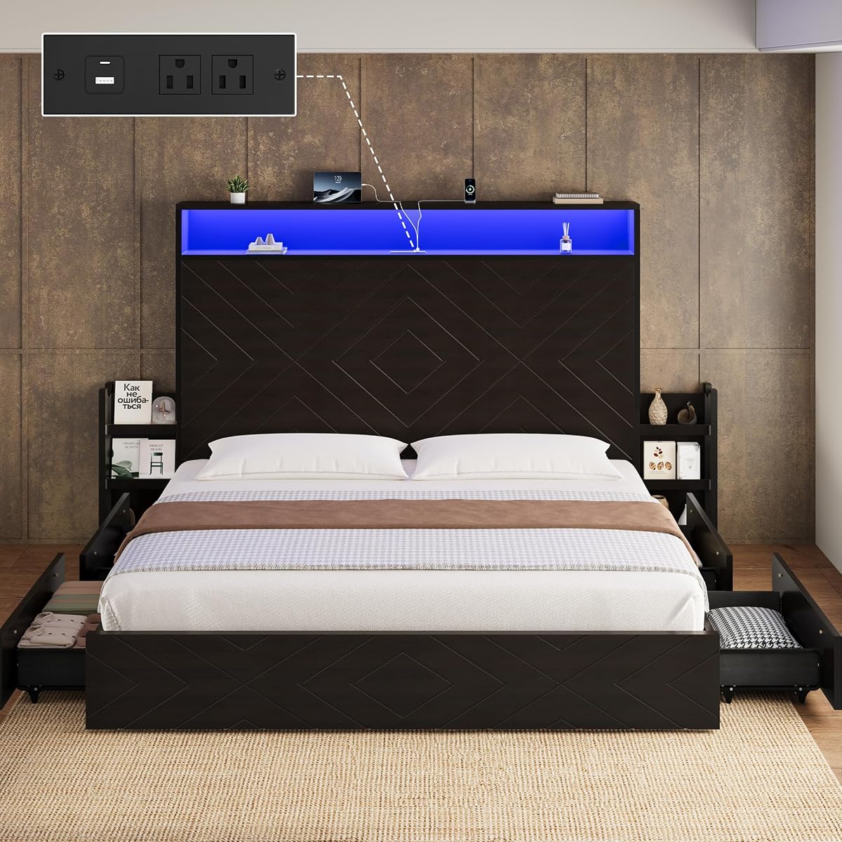 King Size Bed Frame with Bedside Storage & 4 Drawers, Black Walnut