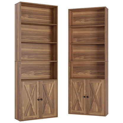 Industrial Bookshelves and Bookcases with Doors Set of Two Floor Standing 6 Shelf Display Storage Shelves 70 in Tall Bookcase for Home Office, Living Room