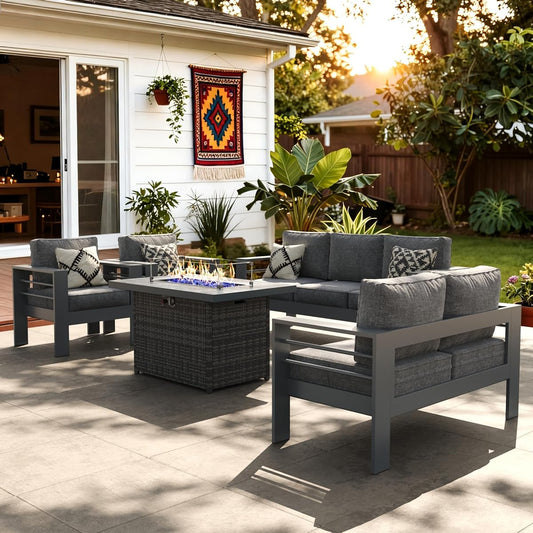 Aluminum Furniture Set with Fire Pit Table, 5 Pieces Patio Sectional Conversation Chat Sofa Modern Seating Set