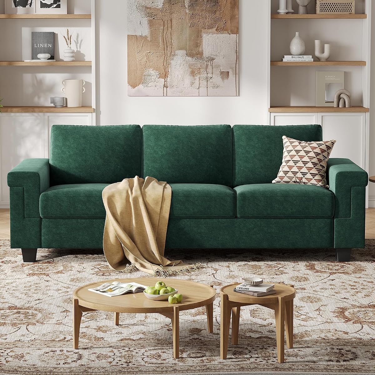 3 Seater Sofa Couch with Deep Seat, 90" Modern Upholstered Sofa with Armrests, Easy Installation, Comfy Couches for Living Room, Apartment, Green