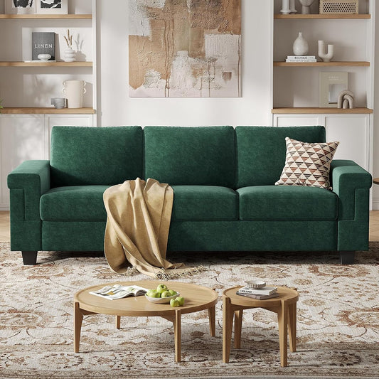 3 Seater Sofa Couch with Deep Seat, 90" Modern Upholstered Sofa with Armrests, Easy Installation, Comfy Couches for Living Room, Apartment, Green