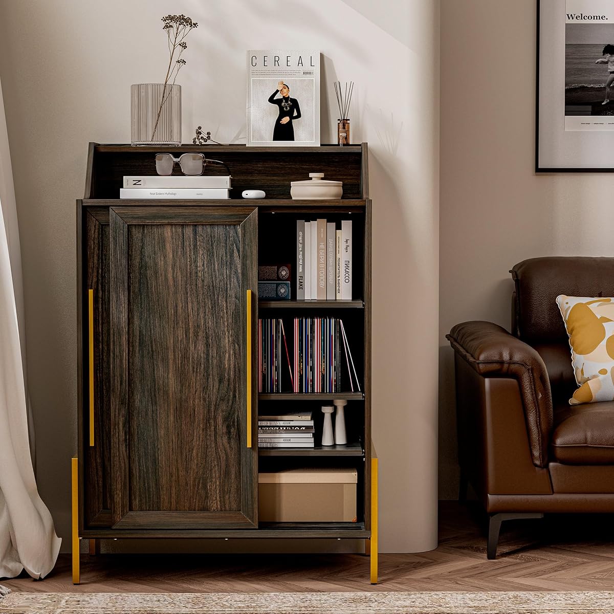 Storage Cabinet, Buffet Sideboard with Sliding Doors and Adjustable Shelf, Shoe Rack for Entryway, Sideboard Cabinet Accent Cabinet for Living Room and Bathroom - Dana(Brown)