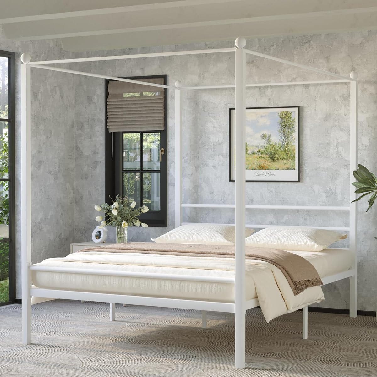 Canopy Bed Queen, Four Poster Metal Frame, White
