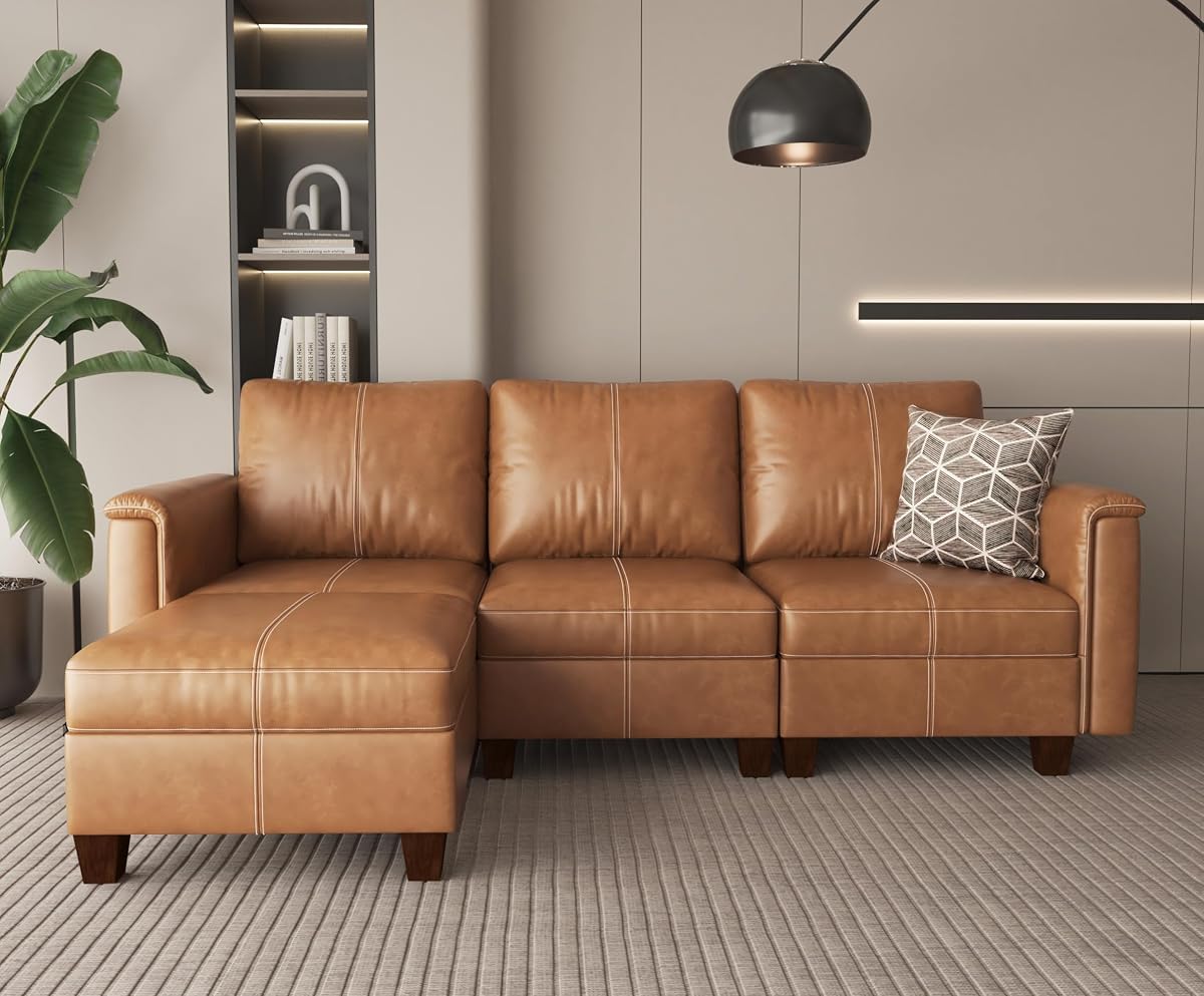 Faux Leather Modular Sectional Sofa with Storage, Mid Century Modern Sectional Couches for Living Room, 91" Wide 3 Seater L-Shaped Couch with Ottoman, Brown