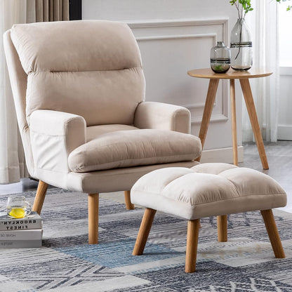 Modern Accent Chair with Ottoman, Soft Fabric Armchair with Adjustable Backrest and Side Pockets, Comfy Lounge Chair for Living Room, Bedroom, Apartment, Office, Beige