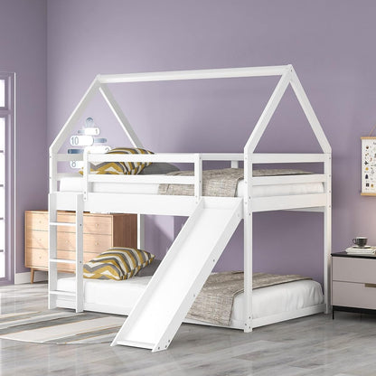 House Bed Bunk Beds with Slide, Wood Bunk Beds with Roof and Guardrail Twin Over Twin Bunk Bed for Kids, Toddlers, No Box Spring Needed (New, White)