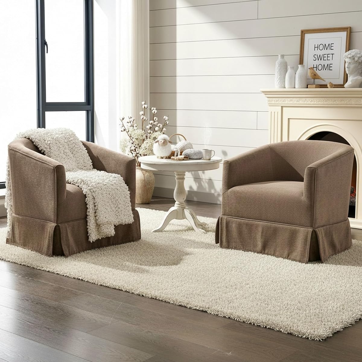 Swivel Accent Chairs Set of 2 for Living Room, 360° Upholstered Barrel Swivel Chairs with Skirted Base, Modern Linen Armchairs for Bedroom, Reading Nook, Small Space, Brown