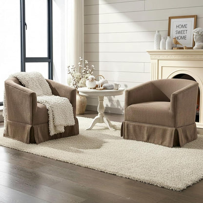 Swivel Accent Chairs Set of 2 for Living Room, 360° Upholstered Barrel Swivel Chairs with Skirted Base, Modern Linen Armchairs for Bedroom, Reading Nook, Small Space, Brown